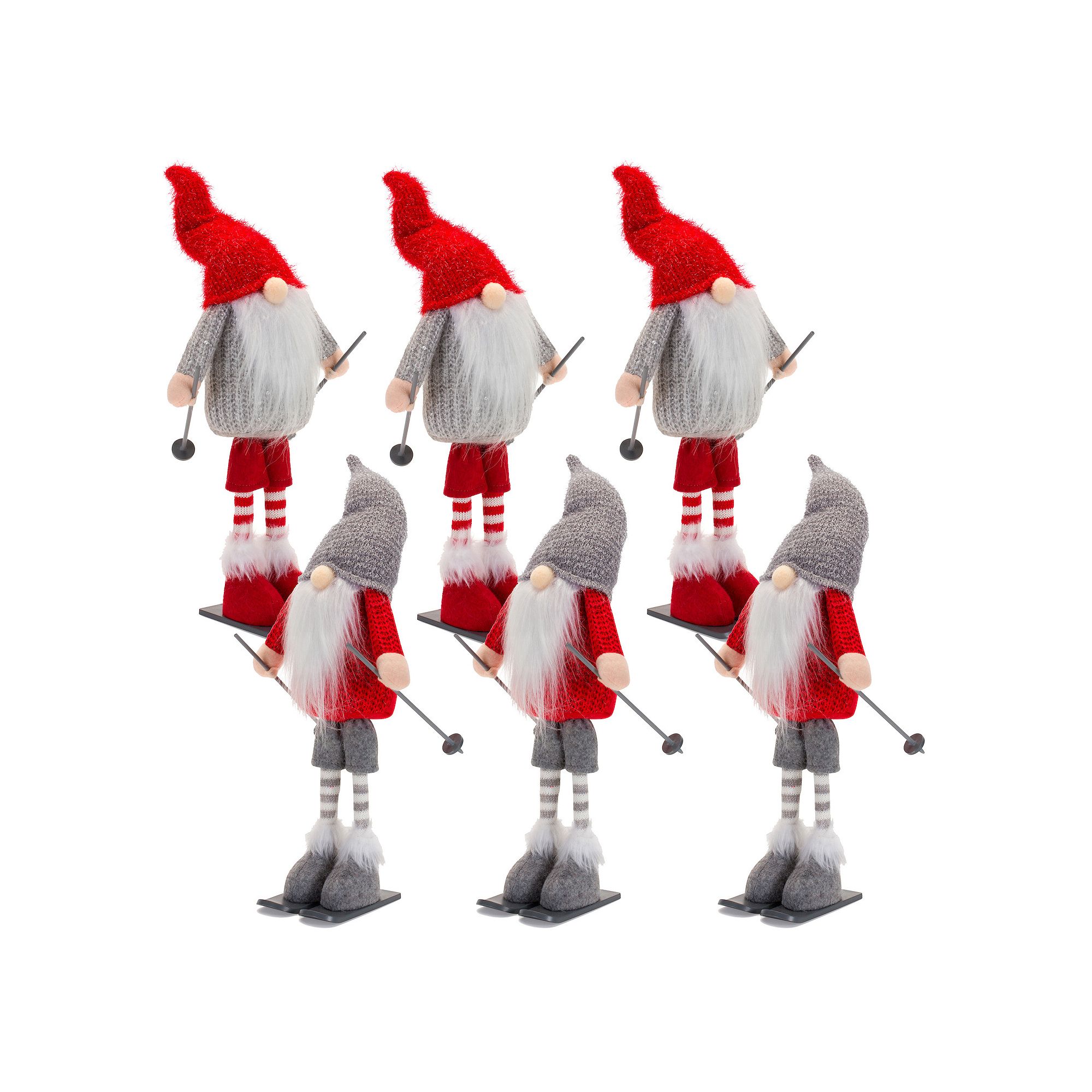 Melrose Holiday Skiing Gnome Figurine Table Decor 6-piece Set, Red Grey