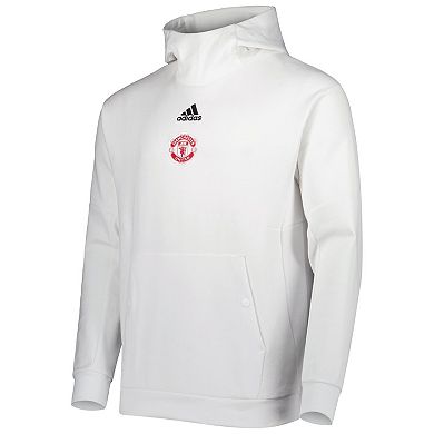 Men's adidas White Manchester United Travel Scuba Neck Pullover Hoodie