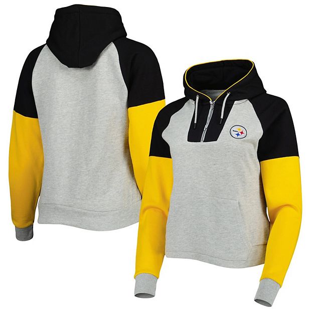 Women s Antigua Heathered Gray Black Pittsburgh Steelers Jackpot Raglan Half Zip Pullover Hoodie