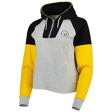 Women's Antigua Heather Gray Pittsburgh Steelers Lightweight Jackpot Raglan Half-Zip Pullover Hoodie