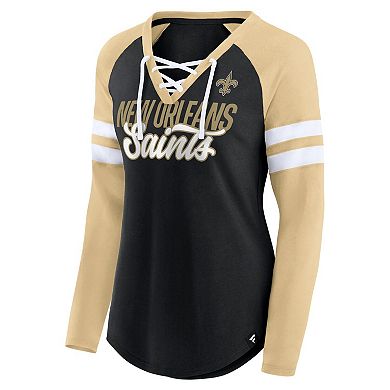Women's Fanatics Branded Black/Gold New Orleans Saints True to Form Raglan Lace-Up V-Neck Long Sleeve T-Shirt