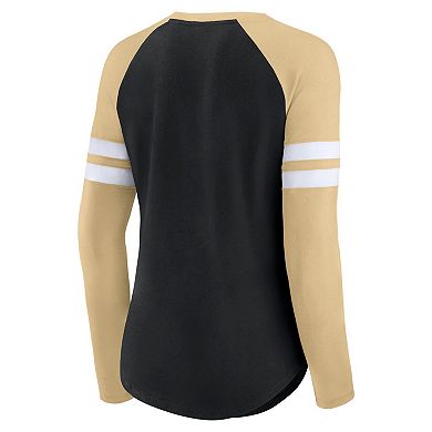Women's Fanatics Branded Black/Gold New Orleans Saints True to Form Raglan Lace-Up V-Neck Long Sleeve T-Shirt