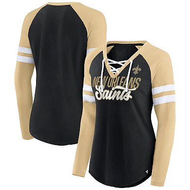 Women's Fanatics Branded Black/Gold New Orleans Saints True to Form Raglan Lace-Up V-Neck Long Sleeve T-Shirt