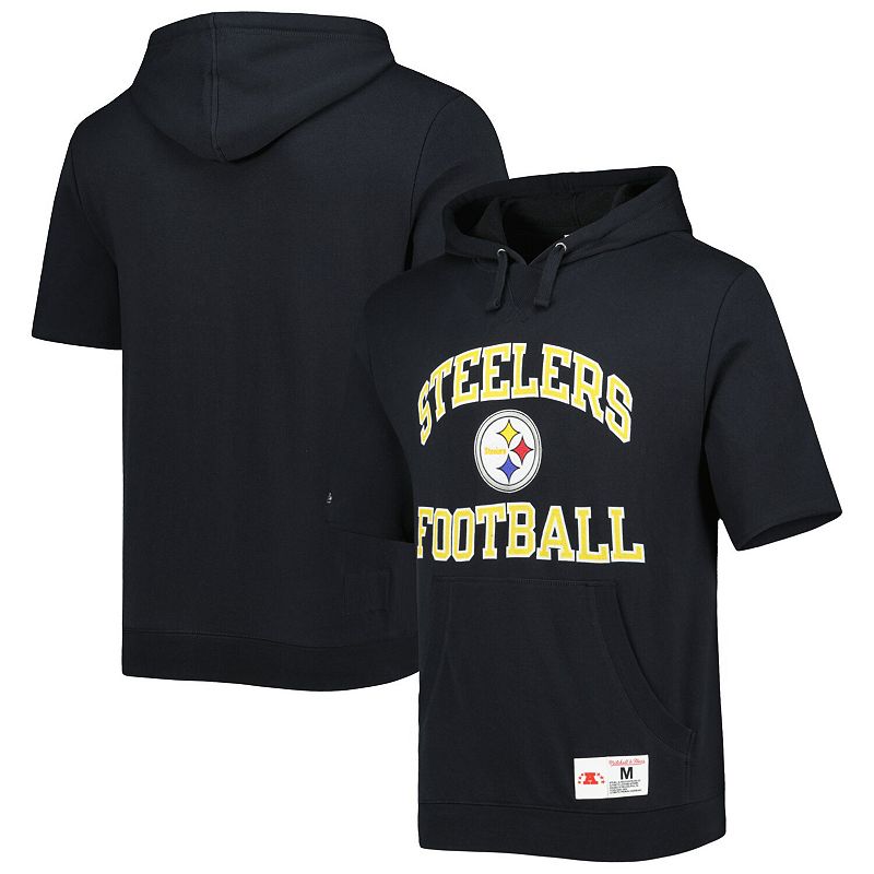 Mens Mitchell & Ness Black Pittsburgh Steelers Washed Short Sleeve Pullove