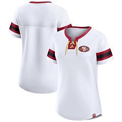 Majestic Threads Women's Majestic Threads Christian McCaffrey Cream/Scarlet  San Francisco 49ers Player Name & Number Raglan 3/4 Sleeve T-Shirt