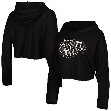 Women's Majestic Threads Black Kansas City Chiefs Leopard Cropped Pullover Hoodie