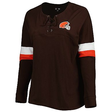 Women's New Era Brown Cleveland Browns Plus Size Athletic Varsity Lace-Up V-Neck Long Sleeve T-Shirt