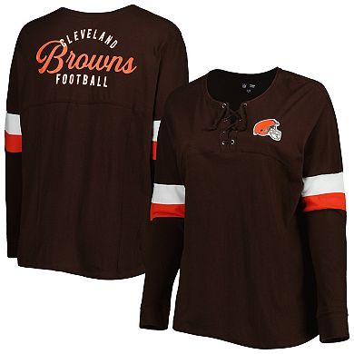 Women's New Era Brown Cleveland Browns Plus Size Athletic Varsity Lace-Up V-Neck Long Sleeve T-Shirt