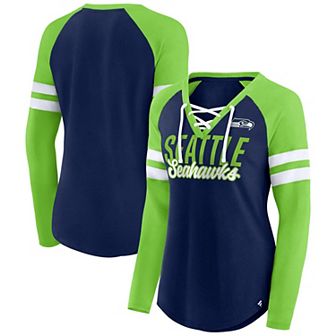 Women's Fanatics Branded College Navy/Neon Green Seattle Seahawks True to Form Raglan Lace-Up V-Neck Long Sleeve T-Shirt