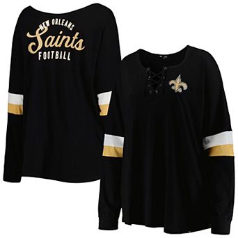 Women's New Era Black New Orleans Saints Plus Size Athletic Varsity Lace-Up V-Neck Long Sleeve T-Shirt