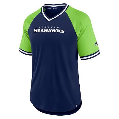 Men's Fanatics Branded College Navy/Neon Green Seattle Seahawks Second Wind Raglan V-Neck T-Shirt