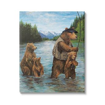 Stupell Home Decor Grizzly Bear Family Fishing Mountain Canvas Wall Art