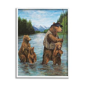 Stupell Home Decor Grizzly Bear Family Fishing Mountain Wall Art