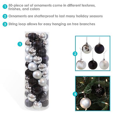 Sunnydaze Modern Holiday 50-Piece Black/Silver Ornament Set - 63.5 mm