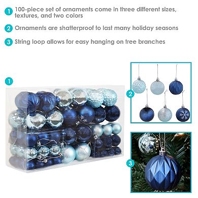 Sunnydaze Winter Wonderland 100-Piece Blue/Silver Assorted Ornament Set