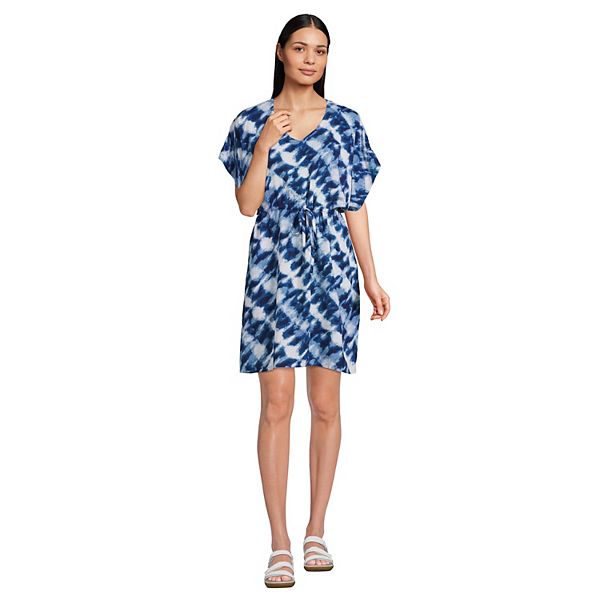 Women's Lands' End Gathered Waist Kaftan Swim CoverUp Dress