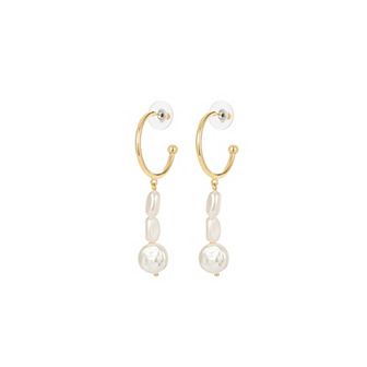 Roman 14k Gold Plated Glass Simulated Baroque Pearls Trio C-Hoop Drop Earrings