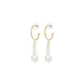 Roman 14k Gold Plated Glass Simulated Baroque Pearls Trio C-Hoop Drop Earrings