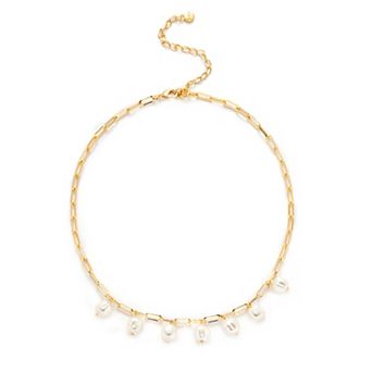 Roman 14k Gold Plated Glass Simulated Baroque Pearl Drops Paperclip Link Necklace