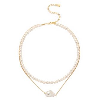 Roman 14k Gold Plated Glass Simulated Baroque Pearl Strand & Drop Double-Strand Necklace