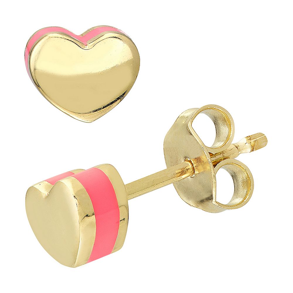 14k Yellow Gold and Enamel Pink Heart Stud Earrings main image 0