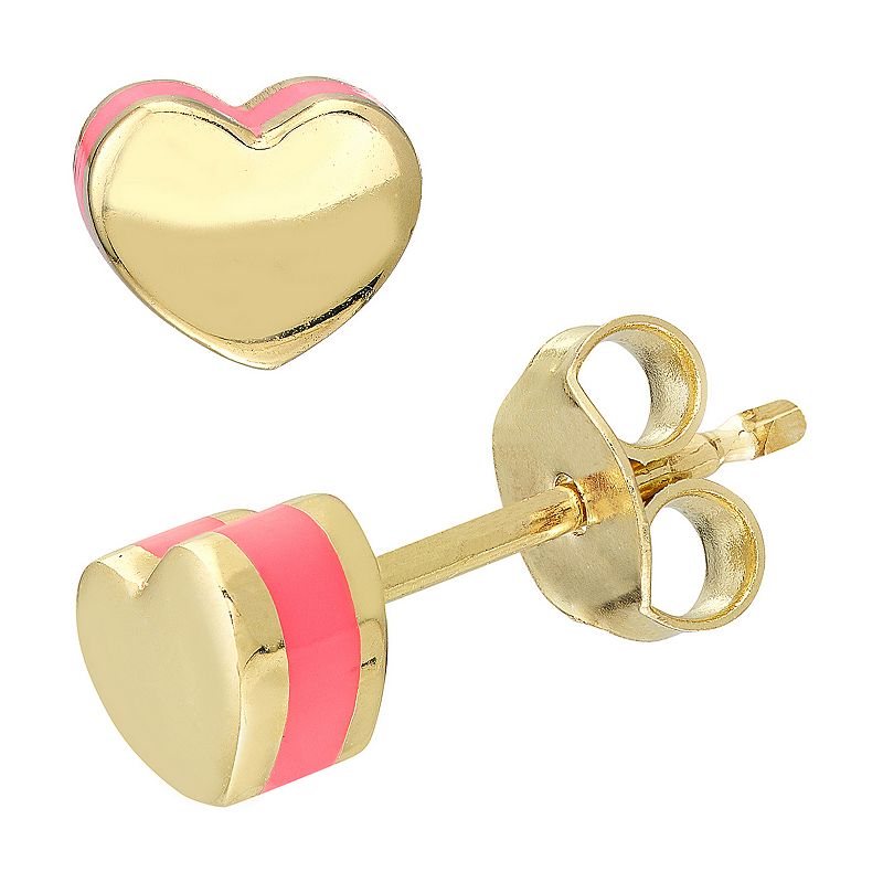 Color Romance 14k Gold 5 mm Pink Enamel Domed Heart Stud Earrings, Womens,
