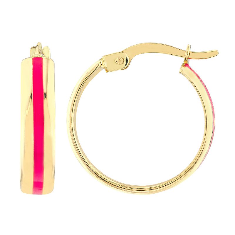Color Romance 14k Gold Pink Enamel Stripe Hoop Earrings, Womens, Yellow