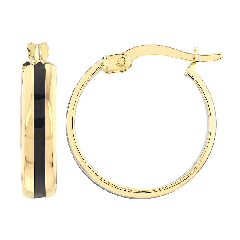 Color Romance 14k Gold Black Enamel Stripe Hoop Earrings, Womens, Yellow