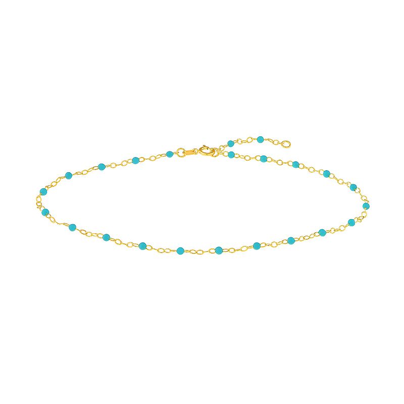Color Romance 14k Gold Turquoise Enamel Bead Adjustable Anklet, Womens, S