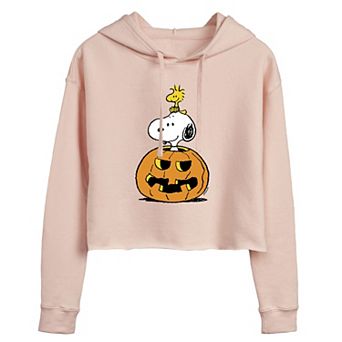 Juniors' Peanuts Snoopy & Woodstock In Pumpkin Cropped Graphic Hoodie
