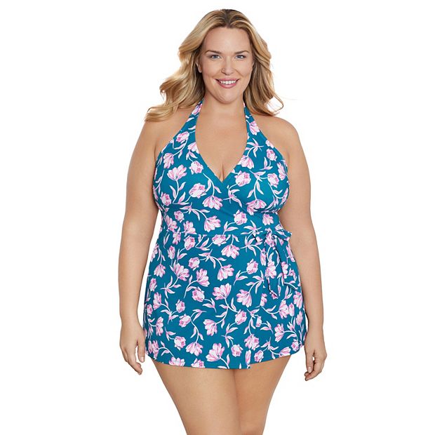 Plus Size Draper James Faux-Wrap Halter Swimdress