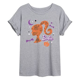 Juniors' Barbie Orange Spiderweb Logo Oversized Graphic Tee