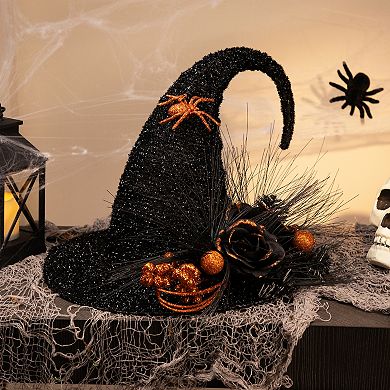 Northlight Black Tinsel Witch's Hat & Orange Glittered Roses Halloween Floor Decor