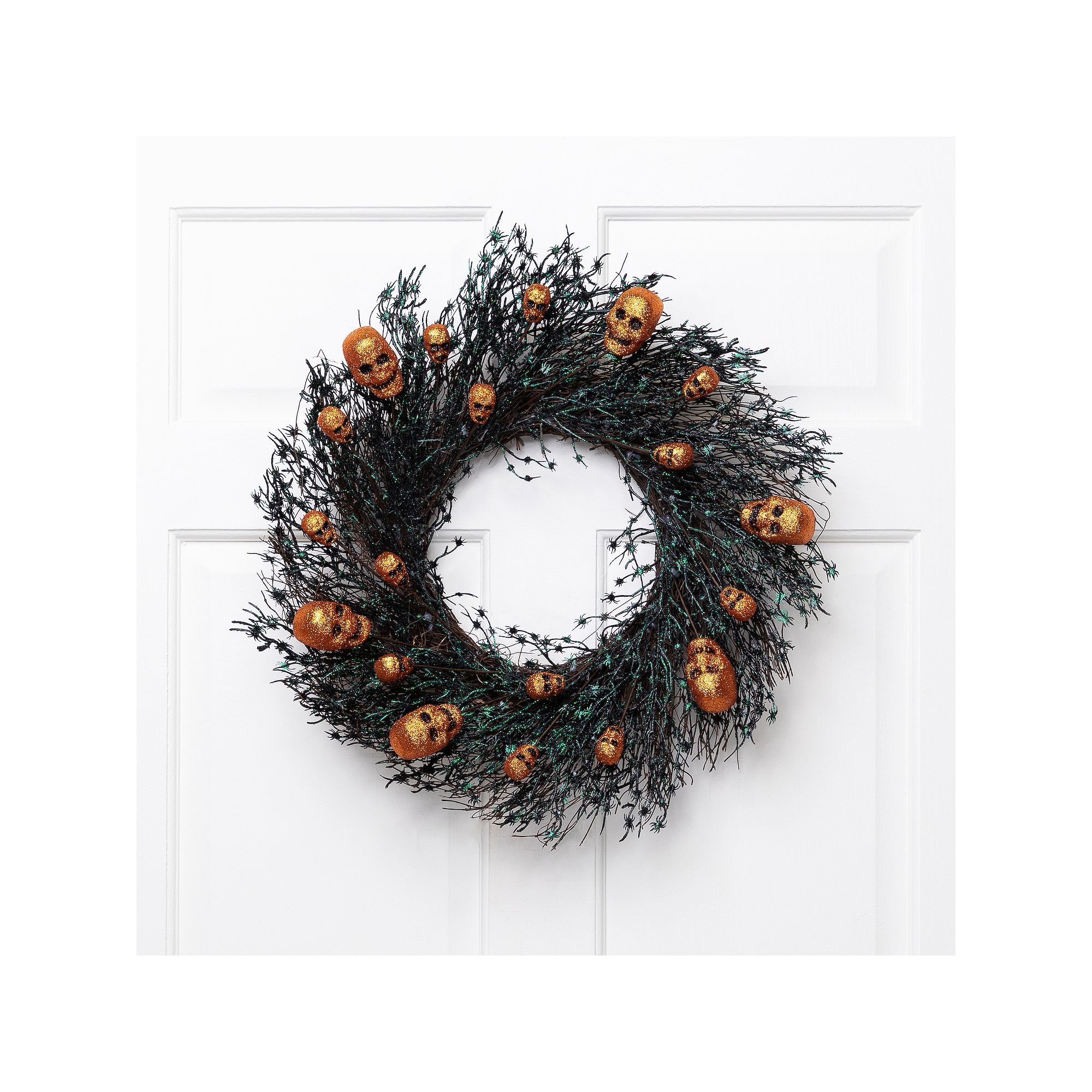 Northlight Black & Orange Skulls & Spiders Halloween Artificial Twig Wreath SKU:402699 sku 402699