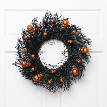 Northlight Black & Orange Skulls & Spiders Halloween Artificial Twig Wreath