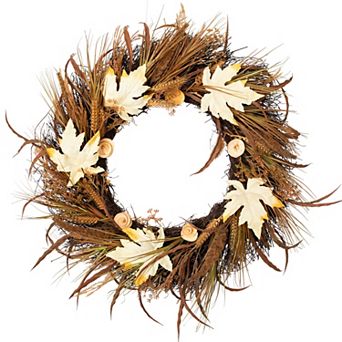 Northlight Cattail & Wheat Twig Artificial Fall Harvest Wreath