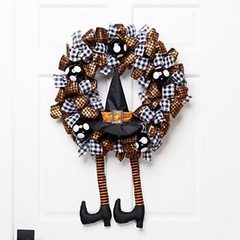 Northlight Orange & Black Witch & Bows Halloween Wreath