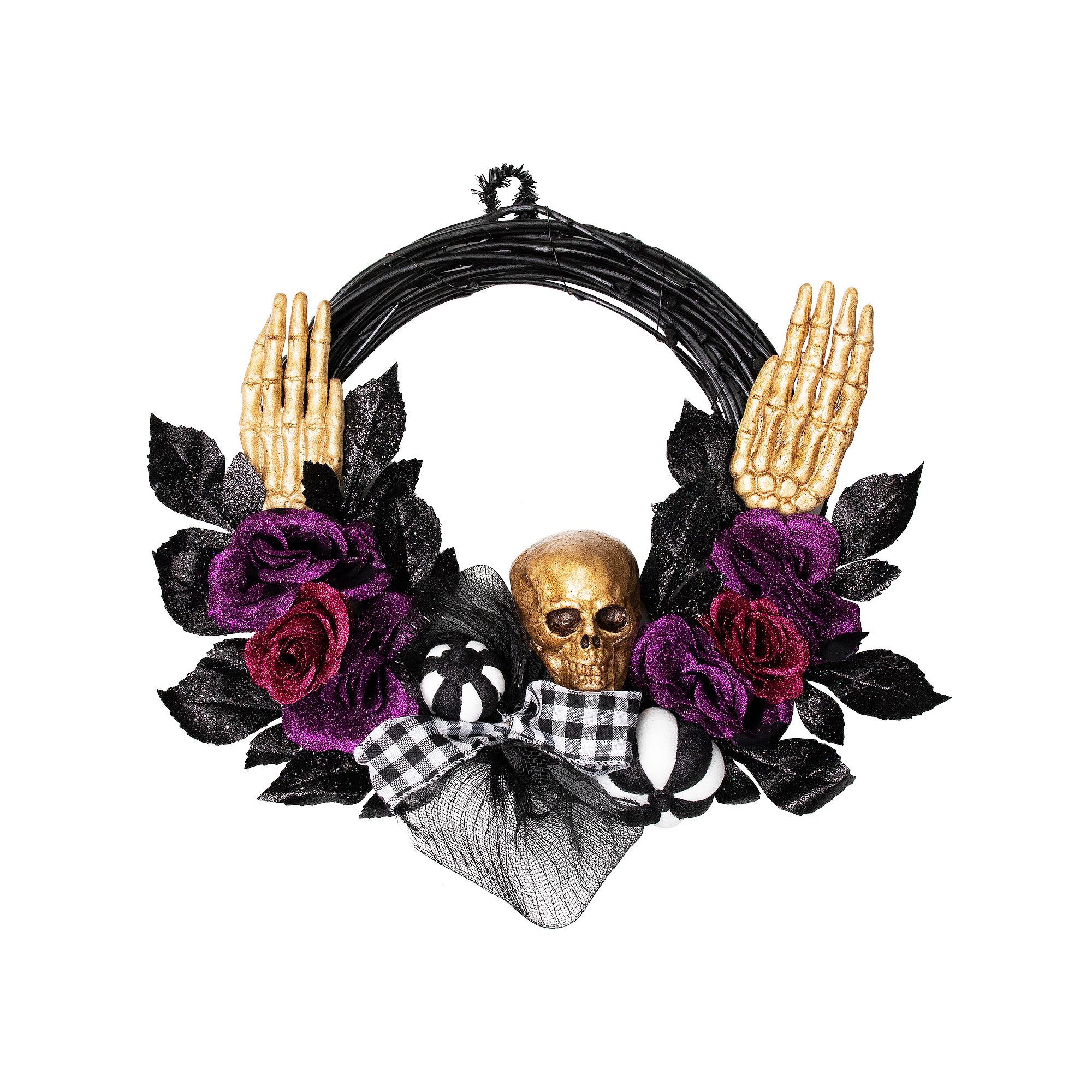 Northlight Skull with Hands & Purple Roses Halloween Artificial Twig Wreath