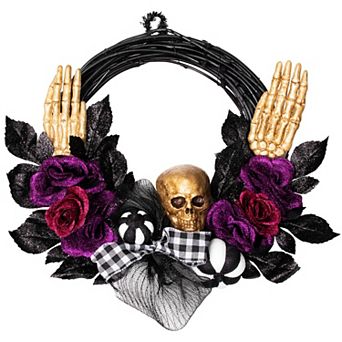 Northlight Skull with Hands & Purple Roses Halloween Artificial Twig Wreath