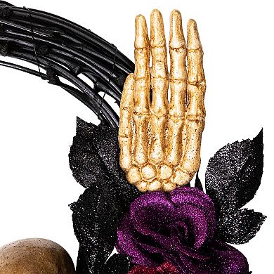 Northlight Skull with Hands & Purple Roses Halloween Artificial Twig Wreath