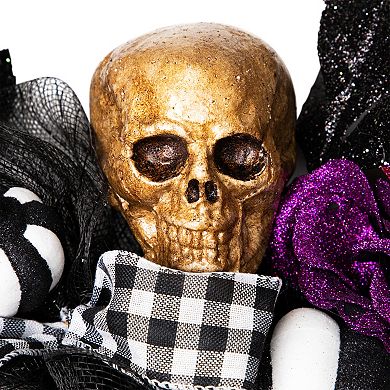 Northlight Skull with Hands & Purple Roses Halloween Artificial Twig Wreath