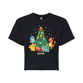 Juniors' Pokémon Christmas Tree Group Shot Cropped Graphic Tee