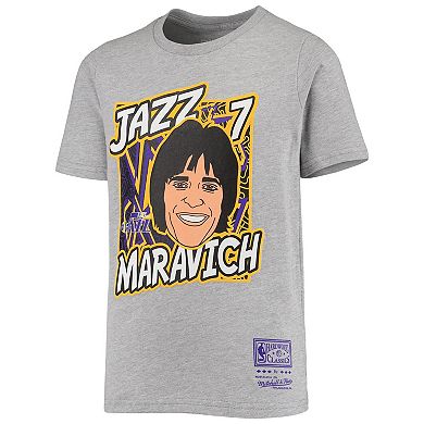 Youth Mitchell & Ness Pete Maravich Heathered Gray New Orleans Jazz Hardwood Classics King of the Court Player T-Shirt