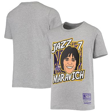 Youth Mitchell & Ness Pete Maravich Heathered Gray New Orleans Jazz Hardwood Classics King of the Court Player T-Shirt