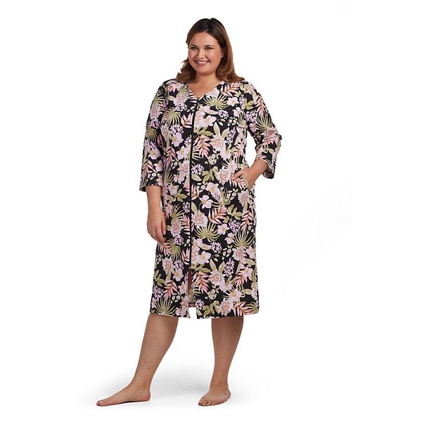 Plus Size Miss Elaine Essentials Printed Knit Long Zipper Robe