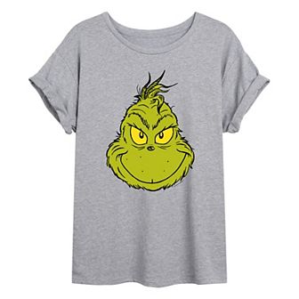 Juniors' Dr. Seuss Smiling Grinch Face Oversized Graphic Tee