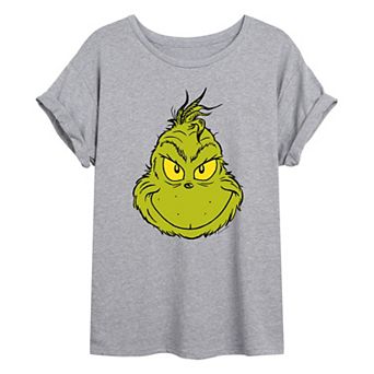 Juniors' Dr. Seuss Smiling Grinch Face Oversized Graphic Tee