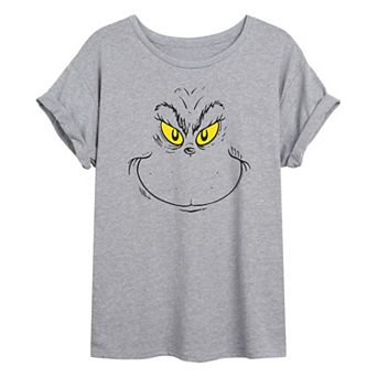 Juniors' Dr. Seuss Grinch Face Oversized Graphic Tee
