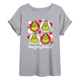 Juniors' Dr. Seuss Grinch Naughty & Nice Oversized Graphic Tee