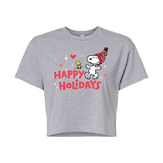 Juniors' Peanuts Happy Holidays Cropped Graphic Tee